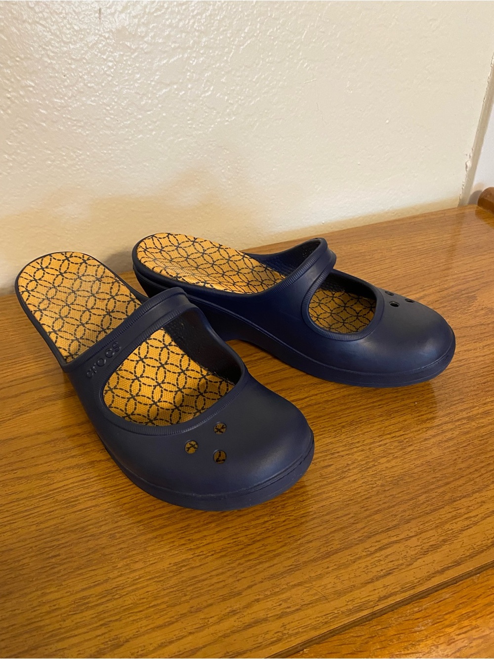 CROCS Navy Blue Mary Jane Clog Mules with Patterned Insole